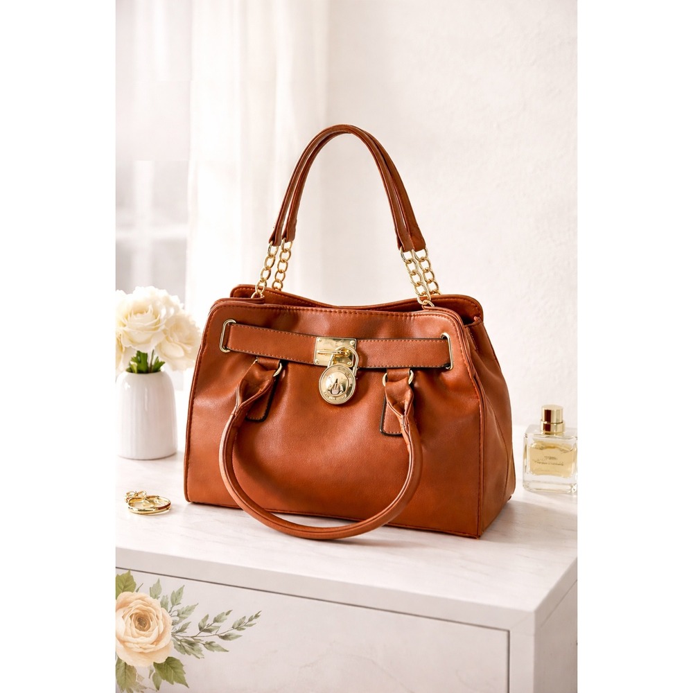 Michael Kors Hamilton Satchel Tan Saffiano Gold Hardware Padlock Handbag